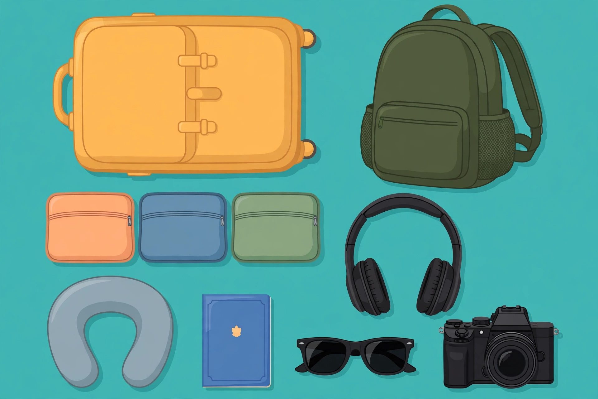 Illustration of travel gear: suitcase, backpack, packing cubes, headphones, camera and neck pillow