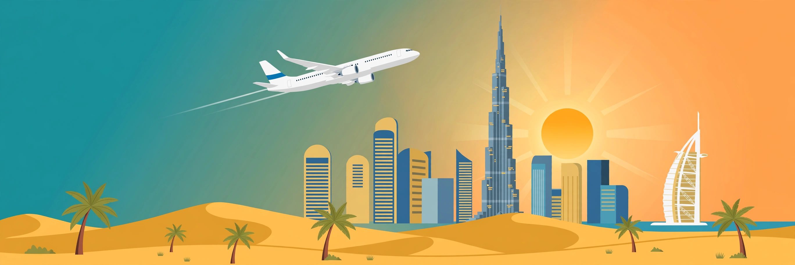Illustration of a flight over the Dubai skyline at sunset